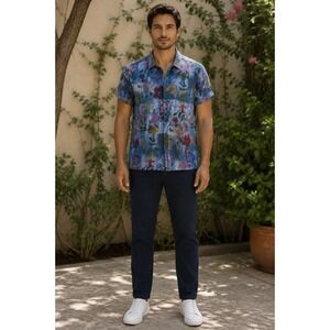 Raga‎ Man Floral Button Up Shirt Men's Blue Tropical Hawaiian Camp Collar Sz Med